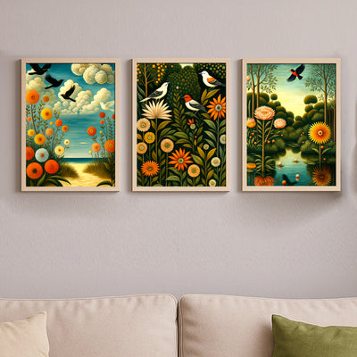 Set of 3 Nature-Inspired Botanical & Bird Wall Art Frames (9x12 Inch) – Vibrant Folk Art Style Laminated Paintings for Modern Home Decor, Living Room, and Office