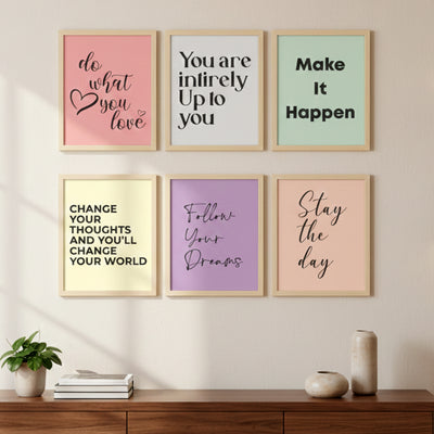 Set of 6 Motivational Wall Art Frames - 9x12 Inch Pastel Inspirational Quotes for Office, Study Room, and Home Decor