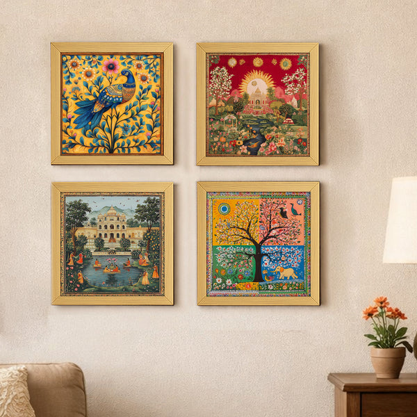 Set of 4 Indian Folk Art Framed Wall Paintings – Traditional Peacock, Tree of Life & Palace Themes – 8x8 Inch Gold Frames for Home & Office Decor.