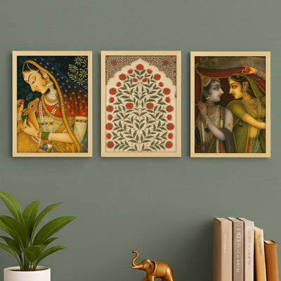 Set of 3 Traditional Pichwai & Mughal Style Framed Wall Art (9x12 Inch) – High-Quality Laminated Ethnic Paintings for Living Room, Office, and Home Decor