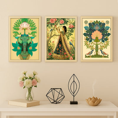 Set of 3 Traditional Indian Pichwai Inspired Wall Art Frames (9x12 Inches) – Mughal Style Elephant, Peacock, and Lady Portrait – Premium Engineered Wood & Semi-Glossy Finish – Ready to Hang Decor for Living Room, Office, or Bedroom