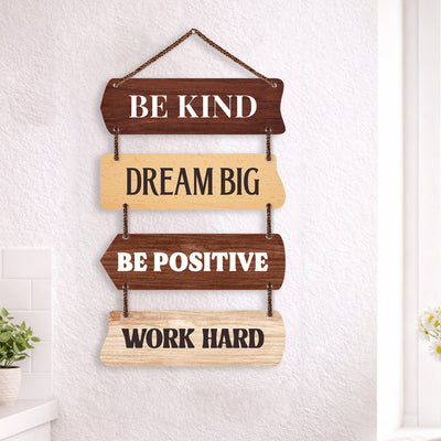 Inspirational Wooden Wall Hanging - 4-Panel Rustic Motivational Quotes Decor (Be Kind, Dream Big, Be Positive, Work Hard) - Premium MDF Home & Office Decor (58cm x 28cm)