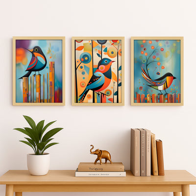 Set of 3 Abstract Bird Wall Art Frames - 9x12 Inch Colorful Nature Illustrations for Living Room, Bedroom, and Office Decor