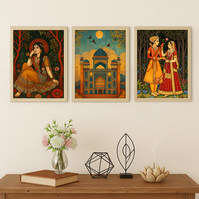 Set of 3 Vintage Indian Mughal & Folk Art Framed Wall Paintings – Traditional Heritage Theme (9 x 12 Inches Each) – Premium Laminated Art for Living Room, Office, or Bedroom Decor