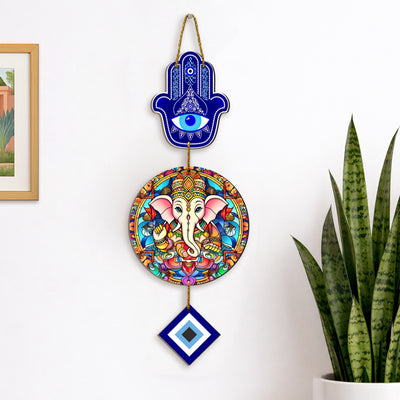 Lord Ganesha & Hamsa Evil Eye Wooden Wall Hanging – Spiritual Home Decor for Prosperity & Protection – 66cm x 20cm MDF Wall Art