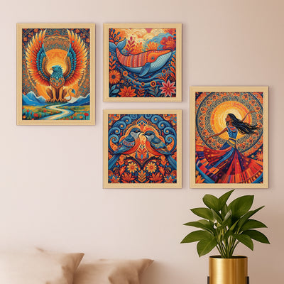 Set of 4 Mystical Mandala Spirit Wall Art Frames – Bohemian Folk Art Collection (Griffin, Whale, Lovebirds, & Dancing Goddess) – Laminated Vibrant Home Decor for Living Room & Meditation Spaces