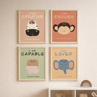Set of 4 Positive Affirmation Wall Art for Kids - Jungle Animal Nursery Decor - 9x12 Inch Framed Motivational Posters for Playroom & Bedroom