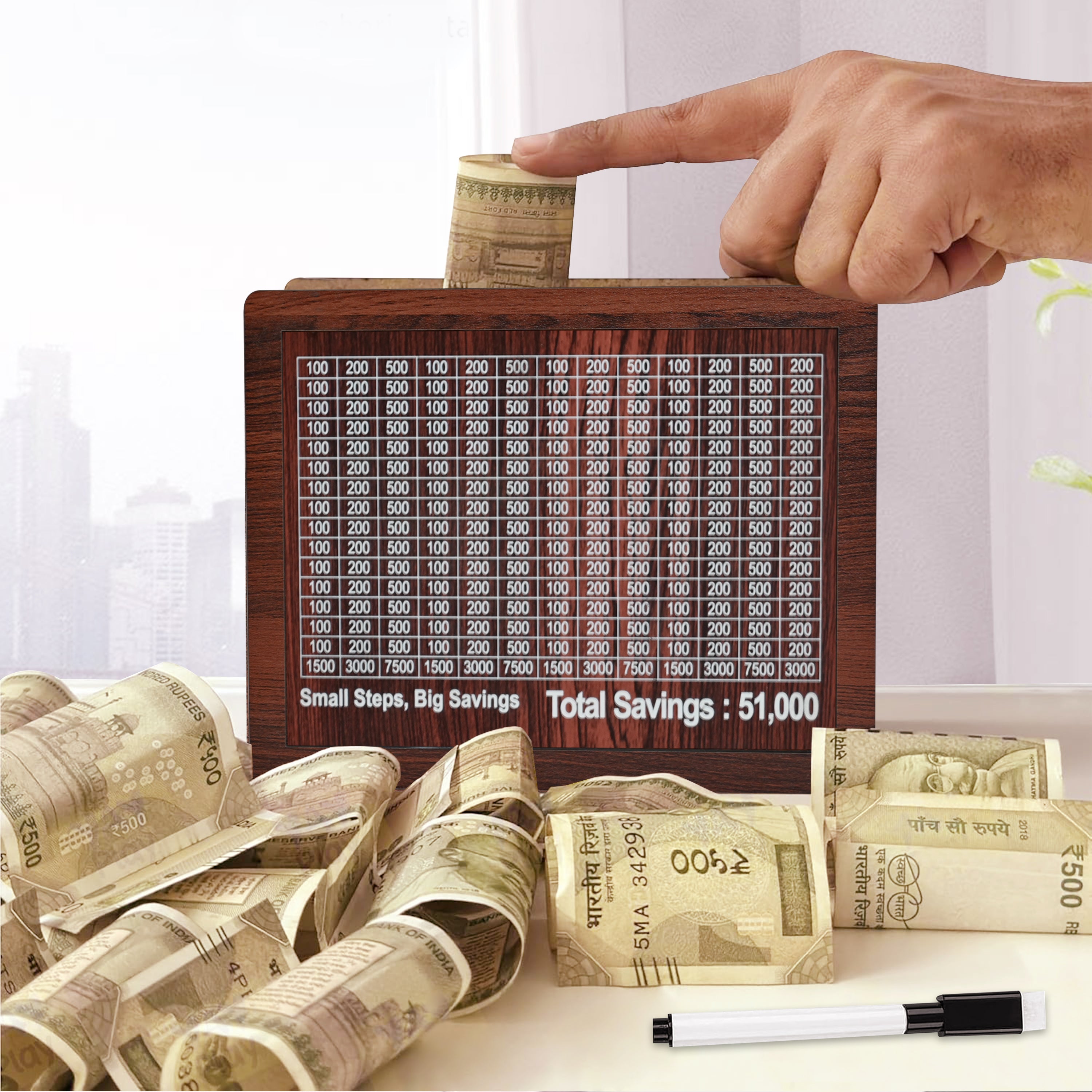 Golden Frame Wooden Money Saving Box with ₹51,000 Target Tracker | Cha ...