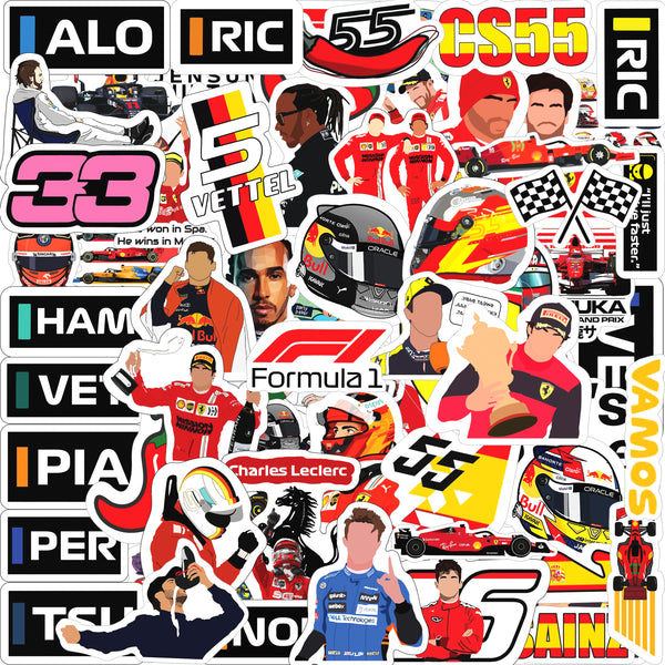 61 Pcs F1 Racing Sticker Pack - Waterproof Vinyl Decals for Laptops, Water Bottles, & Gadgets - Featuring Drivers (Hamilton, Leclerc, Verstappen), Helmets & Team Logos