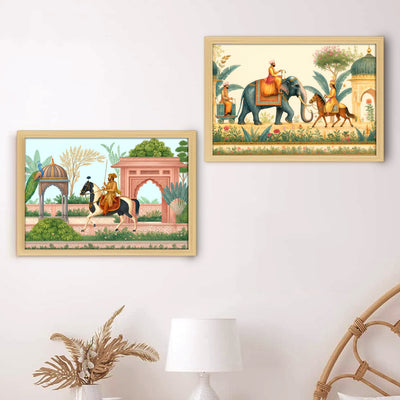 Set of 2 Mughal Royalty Wall Art Frames - Traditional Indian Procession & Elephant Miniature Paintings - 12x9 Inch Laminated Decor