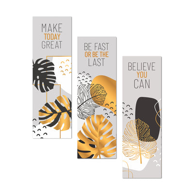 Set of 3 Motivational Wall Art Panels – Modern Gold Monstera Leaf Decor – Self-Adhesive Vertical Frames for Office, Home & Bedroom