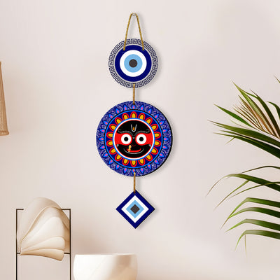 Lord Jagannath Wooden Wall Hanging with Evil Eye (Nazar Battu) – Spiritual Home Decor for Living Room, Office, and Entrance (48cm x 21cm)