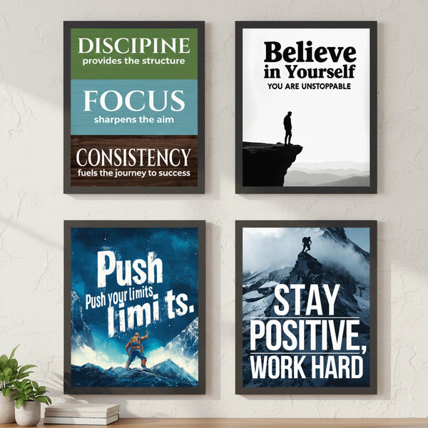 Set of 4 Motivational Framed Wall Art Posters for Home & Office - 9x12 Inch - Success Quotes Decor for Entrepreneurs, Students & Gym