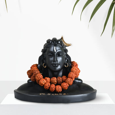 Handcrafted Adiyogi Lord Shiva Statue for Car Dashboard, Home & Office Decor - Polyresin Mahadev Idol with Rudraksha Bead Mala (Black, 11cm)