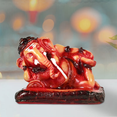 Handcrafted Reclining Ganesha Statue for Car Dashboard & Home Decor – Vibrant Orange-Red Polyresin Ganesh Idol – Ideal Spiritual Gift for Diwali, Housewarming, and Success (5cm x 6cm)