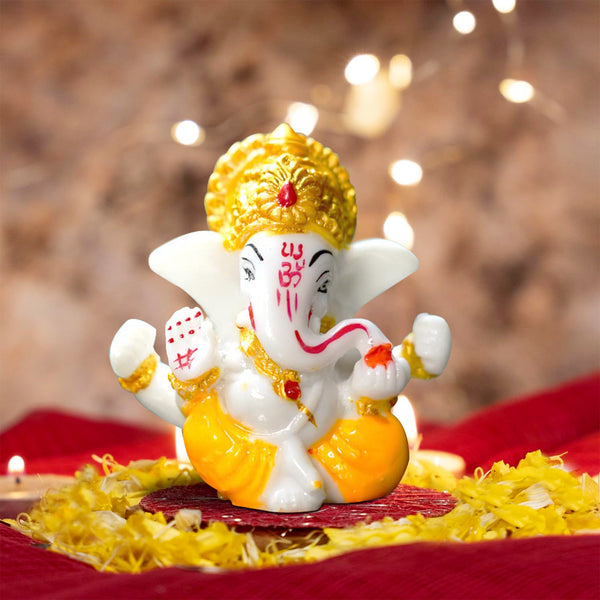 Lord Ganesha Idol for Car Dashboard & Home Decor - Handcrafted Marble Dust Ganpati Statue (6cm, Off-White & Gold)