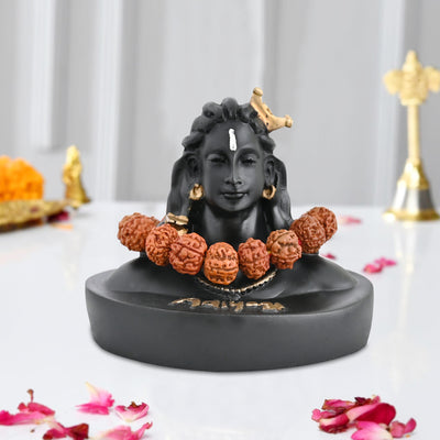 Adiyogi Lord Shiva Statue for Car Dashboard – Handcrafted Polyresin Mahadev Idol with Rudraksha Bead Mala (7cm x 8cm, Black)
