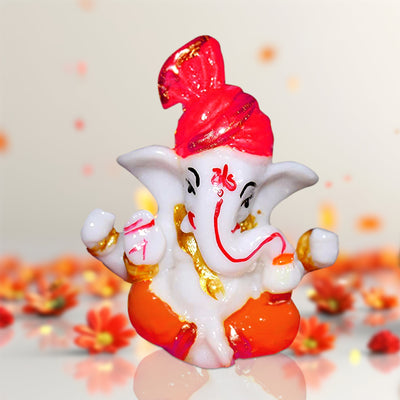 Handcrafted Ganesha Idol for Car Dashboard, Home Decor, and Gifting – Small Lord Ganesh Statue (Orange and White)