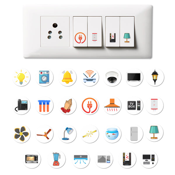 Universal Electric Switch Board Sticker Pack – 27 Icon Designs, Waterproof Transparent Vinyl Decals for Home & Office Organization