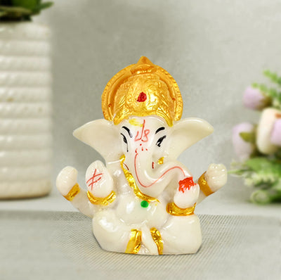 Handcrafted Lord Ganesha Idol for Car Dashboard - White & Gold Polyresin Ganesh Statue (6cm)
