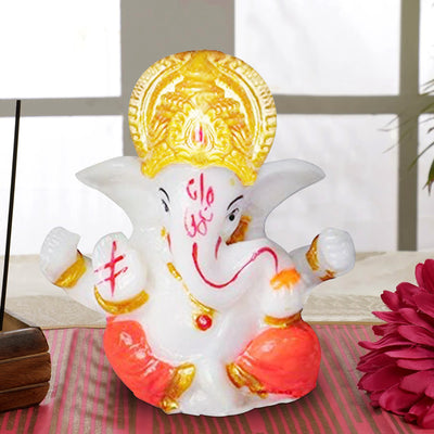 Small Lord Ganesha Idol for Car Dashboard & Home Decor - Handcrafted White & Gold Ganpati Figurine - Perfect for Gifting, Puja, and Festivals (6cm x 5cm)